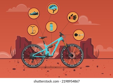 Mountain Bike with Journey Equipment Infographic - Stock Vector