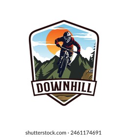 Mountain bike logo design. Extreme downhill biker vintage logo illustration vector 