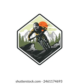 Mountain bike logo design. Extreme downhill biker vintage logo illustration vector 