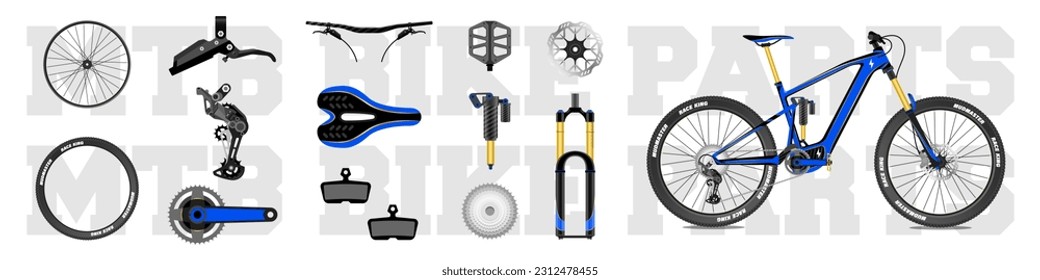 Piezas de bicicleta de montaña y conjunto de accesorios, elementos para infografía y otros vectores