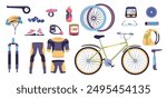 Mountain bike parts. Cyclist gear bicycle technical part kit, biking service equipment extreme sport cycle wheel pedal chain mtb element cross cycling, classy vector illustration authors graphics