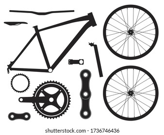 Mountain Bike Parts Flat Vector Illustration. Isolated On White