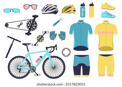 Mountain bike parts set elements in flat graphic design. Bundle objects of bicycle, vehicle components and accessories, glasses, helmet, water bottles, bicyclist sportwear, other. Vector illustration.