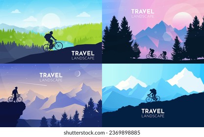 Mountain bike. People riding at mountain bike, climbing. Mountains landscapes set. Travel concept of discovering nature. Cycling. Adventure tourism. Minimalist graphic flyers. Vector illustration