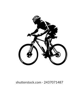 Mountain bike racing, man riding mountain bike, isolated vector silhouette, side view