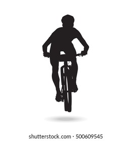 Mountain bike rider front view silhouette. Focused balancing position. Cross country marathon racing sports.