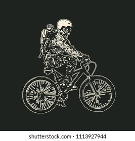 Mountain bike rider in a helmet and with a backpack. Drawing Style. Vector illustration.