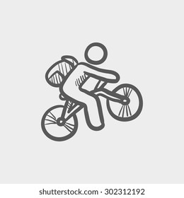 Mountain bike rider sketch icon for web and mobile. Hand drawn vector dark grey icon on light grey background.