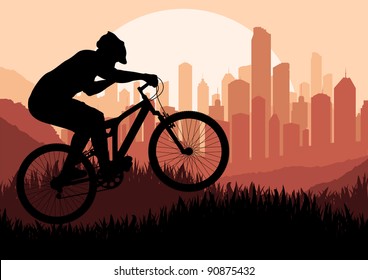 Mountain bike rider in skyscraper city landscape background illustration