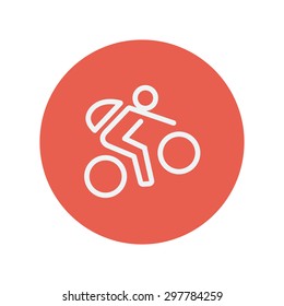Mountain bike rider thin line icon for web and mobile minimalistic flat design. Vector white icon inside the red circle