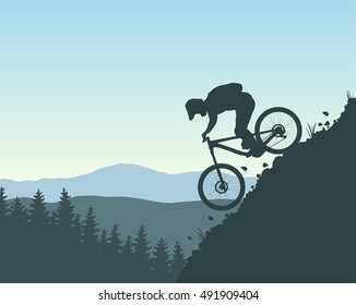 Mountain Bike Rider. Vector Illustration. Landscape Background.