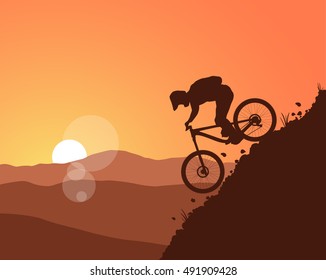 Mountain Bike Rider. Vector Illustration. Landscape Background.