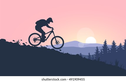 Mountain Bike Rider. Vector Illustration. Landscape Background.