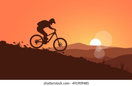 Mountain Bike Rider Vector Illustration. Landscape Background.