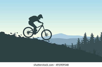 Mountain Bike Rider. Vector Illustration. Landscape Background.