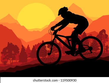 Mountain bike rider in wild forest mountain nature landscape background illustration vector