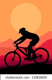 Mountain bike rider in wild mountain nature landscape background illustration vector