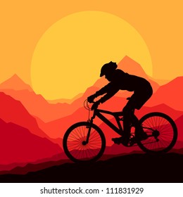 Mountain bike rider in wild mountain nature landscape background illustration vector