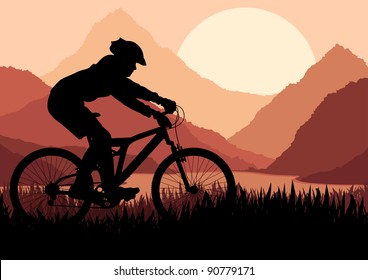 Mountain bike rider in wild nature landscape background illustration