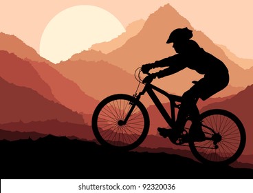 Mountain bike rider in wild nature landscape background illustration vector