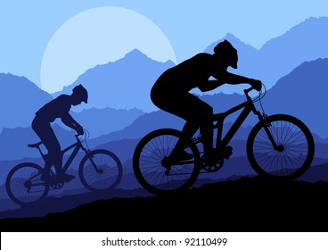 Mountain bike riders in wild nature landscape background illustration vector