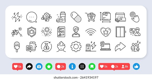 Mountain bike, Sleep and Capsule pill line icons pack. Social media: share, comment, like icons. Ice cream, Computer fingerprint, Businesswoman person web icon. Vector