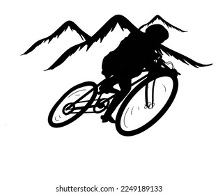 mountain bike, someone who is cornering on a steep mountain with a black and white mountain background