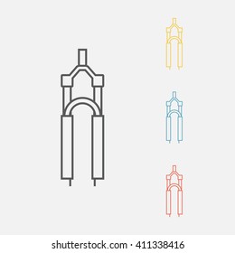 Mountain bike suspension fork on white background. Line icon