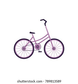 Mountain bike, touristic bicycle, side view cartoon style vector illustration isolated on white background. Side view cartoon style picture of purple mountain bike, tourist bicycle