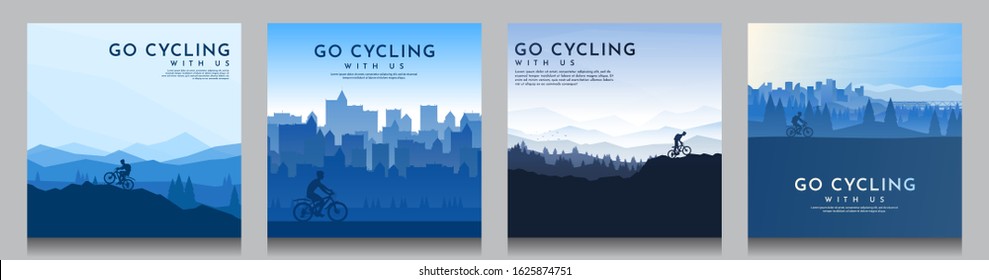 Mountain bike. Travel concept of discovering, exploring and observing nature. Cycling. Adventure tourism. Flat graphic polygonal landscape. Minimalist design for social media, poster, square banner