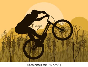 Mountain bike trial rider in wild nature landscape background illustration