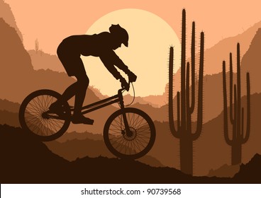 Mountain bike trial rider in wild nature landscape background illustration