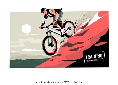 Mountain bike trials, adventure bicycle and extreme sport vector illustration. Biker moving down hill flat concept