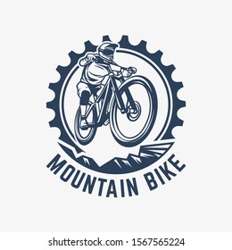 Mountain bike vintage logo template gear and cyclist illustration