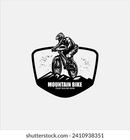 Mountain bike vintage logo template gear and cyclist illustration