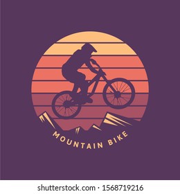 Mountain bike vintage retro cyclist illustration with sunset background