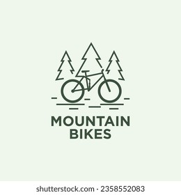 Mountain bike with woods tree minimal logo. Cycling icon, mountain biking symbol linear illustration