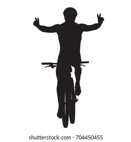 Mountain biker celebrates and crosses finish line, vector silhouette. Cycling race