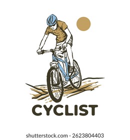 Mountain biker conquers dusty trails sun above. Vintage badge hand drawn illustration tshirt design