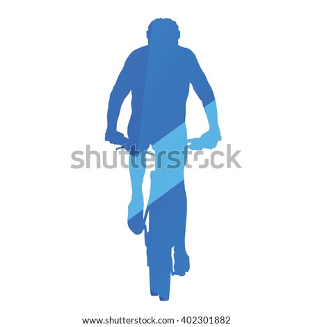 Mountain biker, front view, cycling, abstract blue vector silhouette