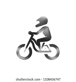 Mountain biker icon in halftone style. Black and white monochrome vector illustration.