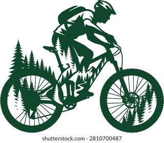 Mountain biker navigating through a forest trail surrounded by tall trees and nature