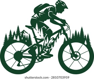 Mountain biker navigating through a forest trail with towering trees in the background
