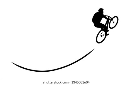 Mountain biker rides uphill with track line / Vector, isolated