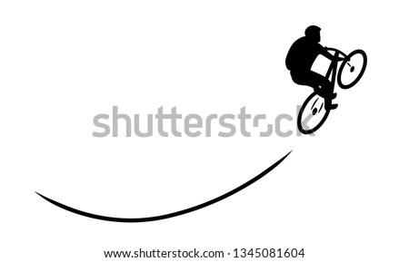 Mountain biker rides uphill with track line / Vector, isolated