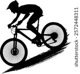 Mountain biker silhouette in action, cyclist silhouette on a mountain bike, silhouette of a downhill mountain biker, mountain bike silhouette, logo, art, clipart, design