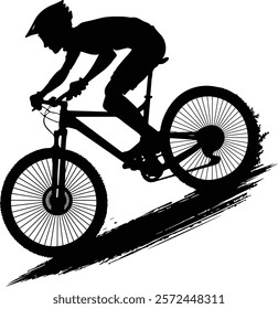 Mountain biker silhouette in action, cyclist silhouette on a mountain bike, silhouette of a downhill mountain biker, mountain bike silhouette, logo, art, clipart, design