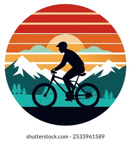 Mountain Biker Silhueta no Vintage fundo Vetor Arte Ilustração T-shirt Design Art.