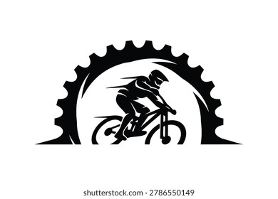 Mountain Biker Silhouette Vector Logo, Downhill MTB Rider in Half Bicycle Gear Chainring Design for Cycling Club Emblem and Extreme Sports Branding