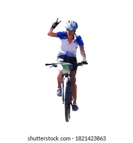 Mountain biker waving, victory. Woman riding bike. Low polygonal vector illustration. Female cyclist front view, geometric drawing from triangles